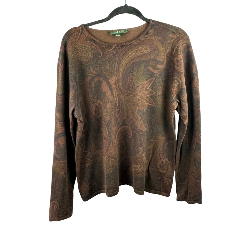 Lauren Ralph Lauren Silk/Cashmere Paisley Brown Crew Neck Sweater SZ 2X Moody